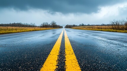 A wet road stretches into the horizon under a cloudy sky, flanked by dry grass and bare trees on either side.
