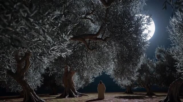 Vertical video of Jesus Christ praying in Gethsemane at night under full moon.