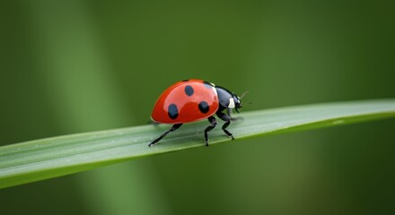 Obraz premium Vibrant ladybug perched on a slender green leaf against a soft blurred background showing natural detail
