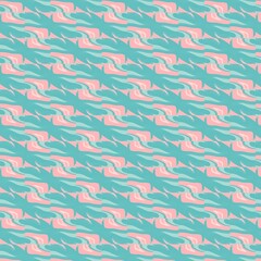 Seamless geometric pattern of alternating pastel pink and teal stylized feather-like and curved shapes, creating a dynamic, rhythmic, and decorative background