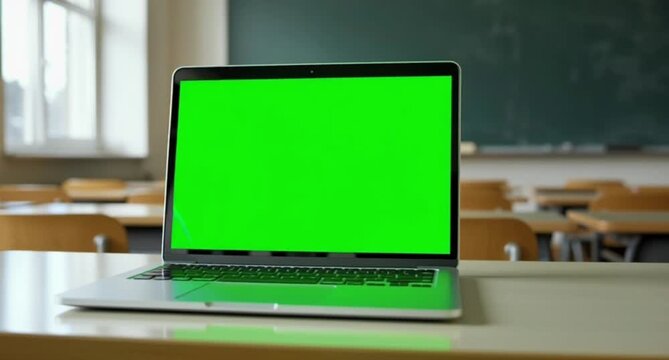 Laptop with green screen on a desk in a classroom setting for education