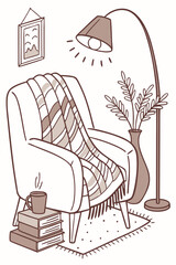 Obraz premium Cozy armchair with a warm blanket and a steaming mug of coffee by the floor lamp