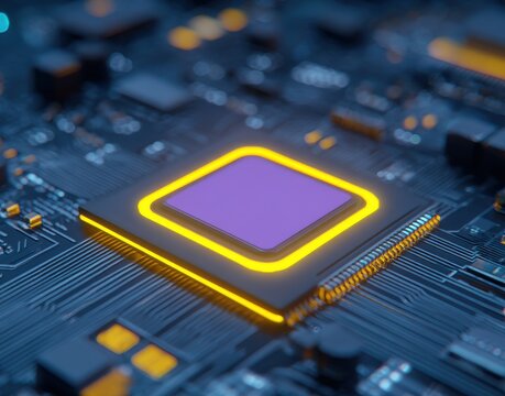 A chip glowing on top of an electronic circuit board, with a square purple matte screen with yellow borders glowing in the center