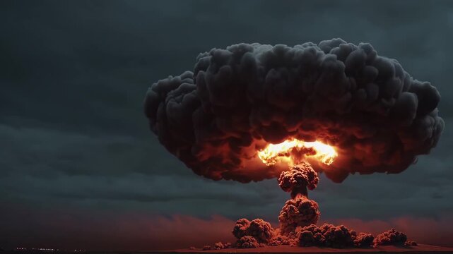 Dramatic nuclear explosion with fiery mushroom cloud rising skyward.