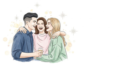 Friends hugging at party, New Year's Eve celebration smiling together  