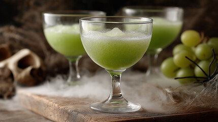 Refreshing green beverage served in elegant glassware, surrounded by grapes and atmospheric smoke, creating a mysterious and inviting ambiance for culinary enjoyment