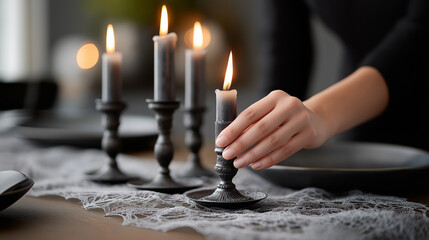 Elegant table setting with black candles and lace table runner, a hand adjusting candle placement, creating a warm and inviting atmosphere for dining experience