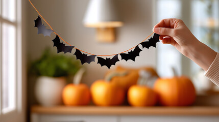 Hand holding a decorative bat garland made of black paper, with pumpkins in the background, creating a festive atmosphere for Halloween celebrations and home decor