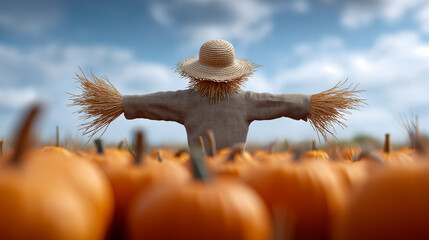 Scarecrow stands among vibrant orange pumpkins in a vast field under a bright blue sky, embodying the essence of autumn harvest and rural charm