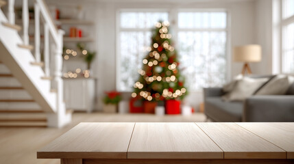 Cozy living room interior featuring a wooden table in the foreground, decorated Christmas tree in the background, warm ambiance with soft lighting and holiday spirit