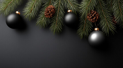 Elegant black Christmas ornaments and pine cones are beautifully arranged on dark surface, surrounded by lush evergreen branches, creating a festive and sophisticated holiday atmosphere