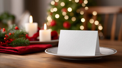Elegant blank card placed on a white plate, surrounded by festive decorations, candles, and a beautifully lit Christmas tree, creating a warm holiday atmosphere
