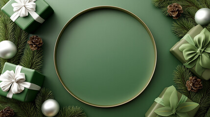 Festive green background with circular frame surrounded by beautifully wrapped gifts, pine branches, and decorative ornaments, creating a joyful holiday atmosphere for seasonal celebrations