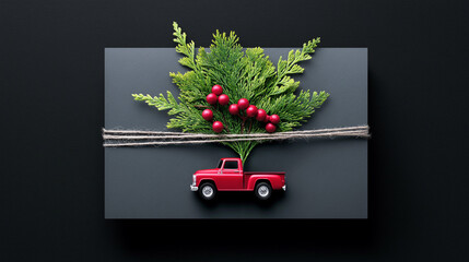 Red toy truck adorned with green foliage and red berries, creatively placed on a dark background, symbolizing festive spirit and holiday cheer with a rustic touch