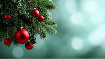 Evergreen branches adorned with vibrant red ornaments create a festive atmosphere, showcasing holiday spirit and seasonal cheer with a soft bokeh background enhancing the visual appeal
