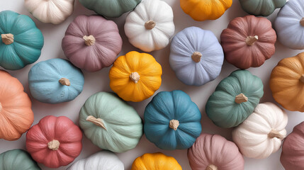 Colorful assortment of decorative pumpkins in various shades and textures arranged artistically on a flat surface, showcasing seasonal decor and autumn aesthetics