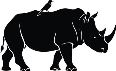 Detailed silhouette of a massive rhinoceros with a horn and a small bird standing on its back, African safari animal vector illustration.