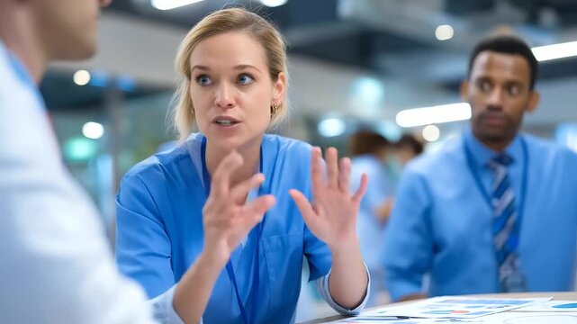 Doctors in a busy hospital staff room arguing over a treatment plan hands gesturing passionately as charts and notes cover the table fluorescent lighting amplifying urgency atmo