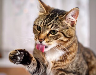 Fototapeta premium Close-up of tabby cat licking paw