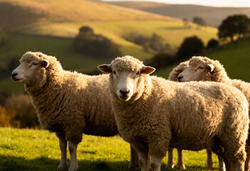 Fototapeta premium Three sheep in a green field at sunset.