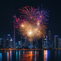 Colorful Fireworks Display Over City Skyline Reflected in Dark Water at Night