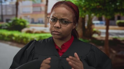 Woman judge in black robe and glasses firmly points finger forward on street; justice authority accountability.