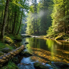 Obraz premium Serene River Flowing Through a Lush Forest on a Sunny Day