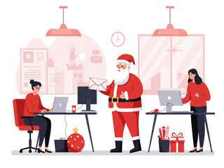Open Office Scene with Santa Handing Envelopes, Diverse Coworkers
