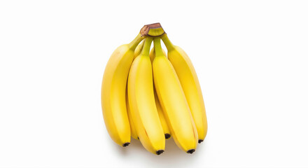 A clean bunch of ripe yellow bananas arranged tightly together on a white background