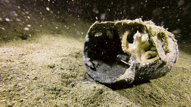 A coconut octopus sits on a broken tin can on the sandy seabed. It's night, and the water is full of plankton. The small octopus retreats into the can, using a clam shell for cover.