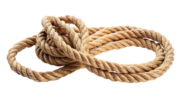 Thick Natural Fiber Rope Tied in a Knot on cutout png Black cord isolated on a transparent background