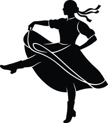 Energetic silhouette of a woman performing a folk dance with a high-stepping movement and raised skirt, illustrating cultural celebration, heritage, and rhythmic grace.