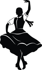 Elegant silhouette of a woman performing a lively folk dance in a traditional European costume, showcasing cultural pride, spirited energy, and artistic choreography.