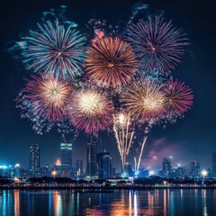 Fototapeta premium Fireworks Display Over City Skyline Reflecting in Water at Night