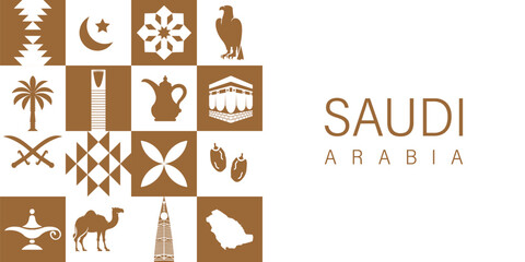 Traditional Saudi arabia Pattern Designs with Saudi Arabia Icons in Beige Background for Cultural Heritage Concept . Saudi National Day