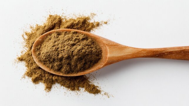 A wooden spoon filled with aromatic spice powder, showcasing the rich color and texture of natural ingredients.