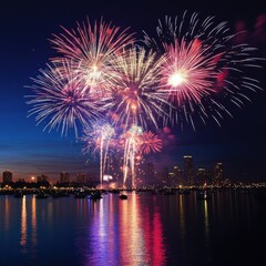 Fireworks Exploding Over Calm Blue Water Reflecting City Lights at Night