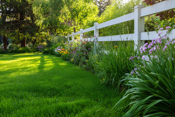 Obraz premium Sunlit suburban garden with vibrant green lawn, white wooden fence and colorful flowering borders, creating a peaceful backyard scene full of summer light and natural beauty.