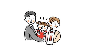 七五三の記念撮影をする親子の上半身イラスト