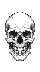 Detailed monochrome drawing of a human skull, front view, grinning
