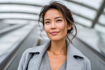 Professional asian woman smiling on an escalator commuting