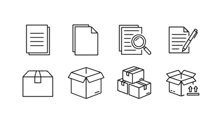 Collection of eight simple line art icons representing documents and shipping boxes silhouette