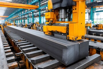 Industrial machine processing steel beam in metallurgy factory