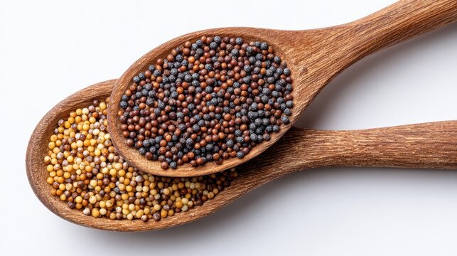 Close-up of assorted mustard seeds in wooden spoons, showcasing the vibrant colors and textures of these spices.
