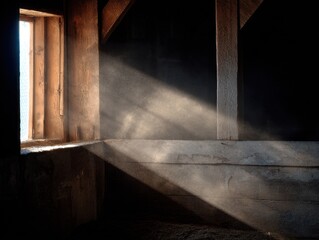 Light and Shadow in Rustic Interior: Capturing the interplay of light and shadow, this evocative photograph showcases the architectural charm of a barn's interior, illuminated by a beam of sunlight.