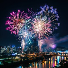 Nighttime Cityscape with Vibrant Fireworks Display Over Illuminated Buildings and River Reflection
