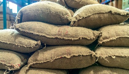 Stacked burlap sacks, likely filled with agricultural goods, in warehouse