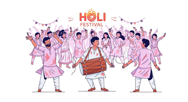 Vibrant illustration of a jubilant South Asian spring festival. People dance, play drums, and celebrate cultural togetherness, radiating collective joy and festive spirit