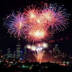 Spectacular Fireworks Display Over a City Skyline with Red White and Blue Bursts