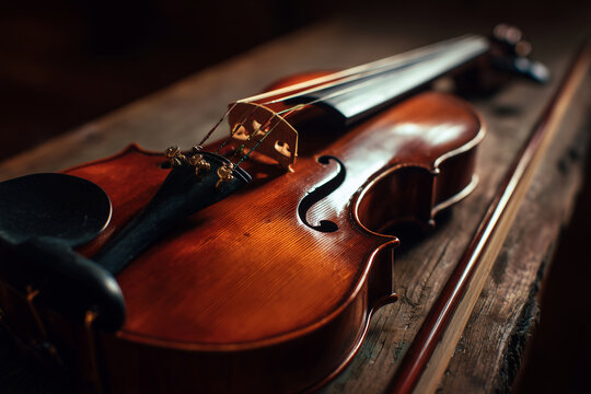 Close-up of a wooden violin resting on a rustic wooden table, showcasing warm varnish, curved body, f-hole, bridge and strings in soft low light capturing vintage musical atmosphere and subtle - Powered by Adobe